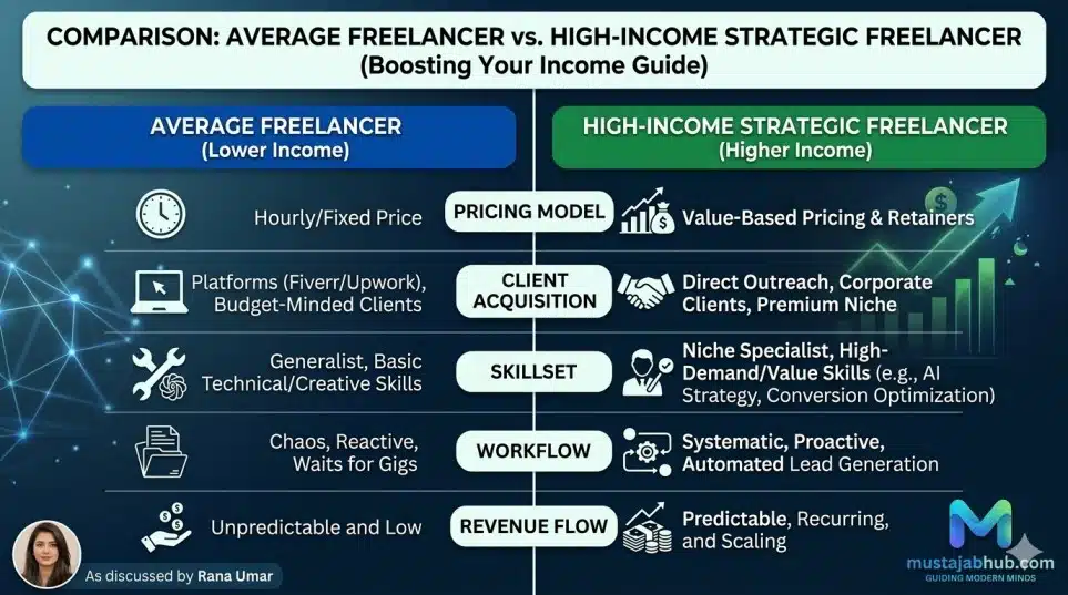 How to Boost Your Freelancing Income The Ultimate Strategic Guide for 2026, add mustajabhub.com comparison - Stucked at a low freelance salary? Learn how to boost freelancing income in 2026-proven strategies on value pricing, high-ticket client acquisition, automation. https://mustajabhub.com/how-to-boost-your-freelancing-income-in-2026-freelancing-income-freelance-salary/