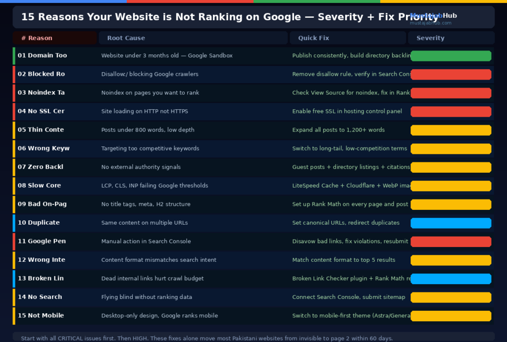 15-reasons-website-not-ranking-on-Google-severity-fix-list-by-mustajabhub.com