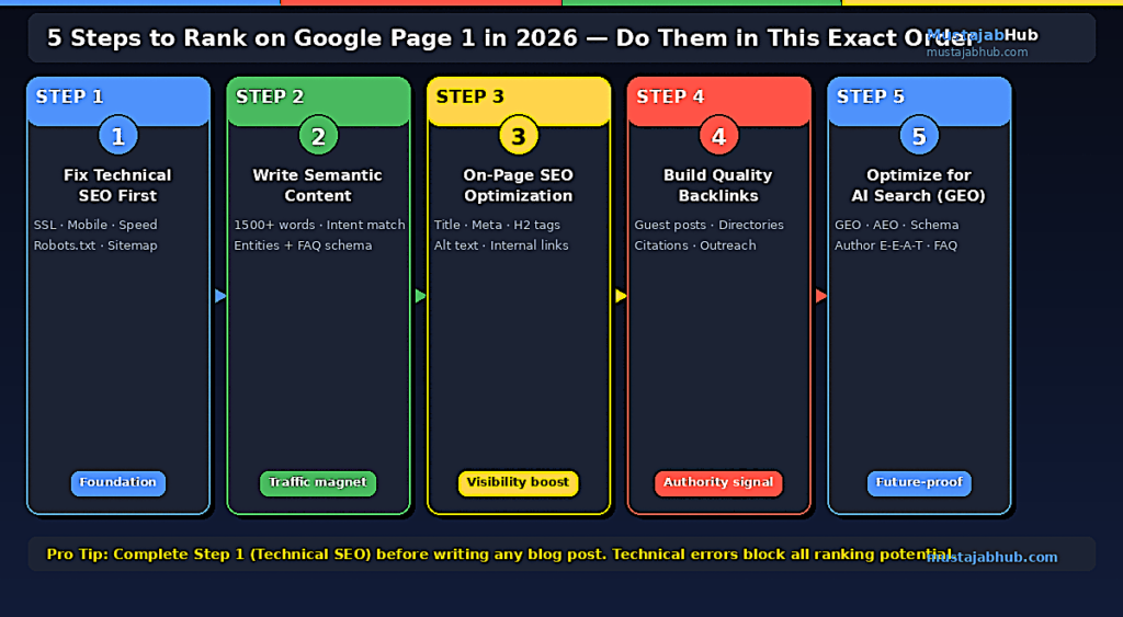 How to Rank on Google's First Page in 2026: Complete Pro-Step Guide 5 steps to rank on Google page 1 in 2026 - 2027 by mustajabhub.com