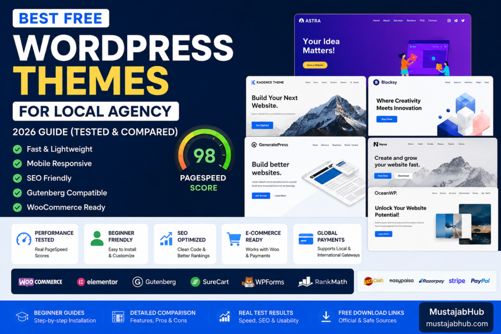 Best Free WordPress Themes for Local Agency (2026 Speed Tested) Best Free WordPress Themes for Local Agency Websites in 2026 by mustajabhub.com _ best free wordpress themes _ wordpress agency theme free _ free wordpress theme builder