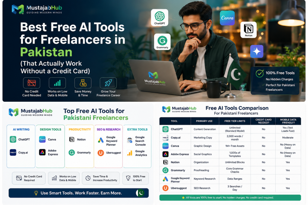 Best Free AI Tools for Freelancers in Pakistan (That Actually Work Without a Credit Card) Best Free AI Tools for Freelancers in Pakistan (No Credit Card Needed) by mustajabhub , free AI tools Pakistan,
AI tools for Pakistani freelancers,
ChatGPT Pakistan,
Canva Pakistan,
Grammarly Pakistan,
free AI writing tools Pakistan,
AI tools without credit card Pakistan,
freelancing tools Pakistan,
AI tools for Fiverr beginners,
AI tools for Upwork freelancers,
online earning tools Pakistan,