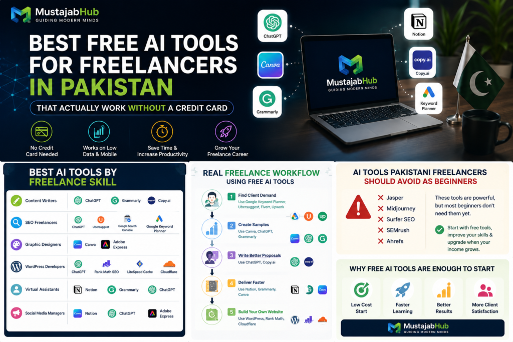 Best Free AI Tools for Freelancers in Pakistan (That Actually Work Without a Credit Card) Best Free AI Tools for Freelancers in Pakistan (No Credit Card Needed) by mustajabhub.com , free AI tools Pakistan,
AI tools for Pakistani freelancers,
ChatGPT Pakistan,
Canva Pakistan,
Grammarly Pakistan,
free AI writing tools Pakistan,
AI tools without credit card Pakistan,
freelancing tools Pakistan,
AI tools for Fiverr beginners,
AI tools for Upwork freelancers,
online earning tools Pakistan,