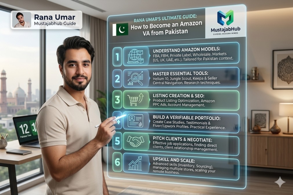 How to Become an Amazon VA: Step-by-Step Guide for Beginners in Pakistan (2026-27 Guide) how to become an amazon va in 60 days,
how to become an amazon virtual assistant in pakistan,
amazon va salary in pakistan,
amazon virtual assistant jobs work from home,
amazon virtual assistant course free,
amazon va training no experience,
amazon va hiring no experience,
become amazon virtual assistant step by step,
what does an amazon virtual assistant do,
amazon va tools for beginners,
amazon seller virtual assistant tasks,
amazon fba virtual assistant jobs,
how to find amazon virtual assistant clients,
amazon ppc virtual assistant skills,
amazon product hunting virtual assistant,
amazon listing ,optimization virtual assistant,
virtual assistant for amazon sellers,
amazon va upwork profile tips,
freelance amazon va income pakistan, How to Become an Amazon VA: Step-by-Step Guide for Beginners in Pakistan, https://mustajabhub.com/how-to-become-an-amazon-va/