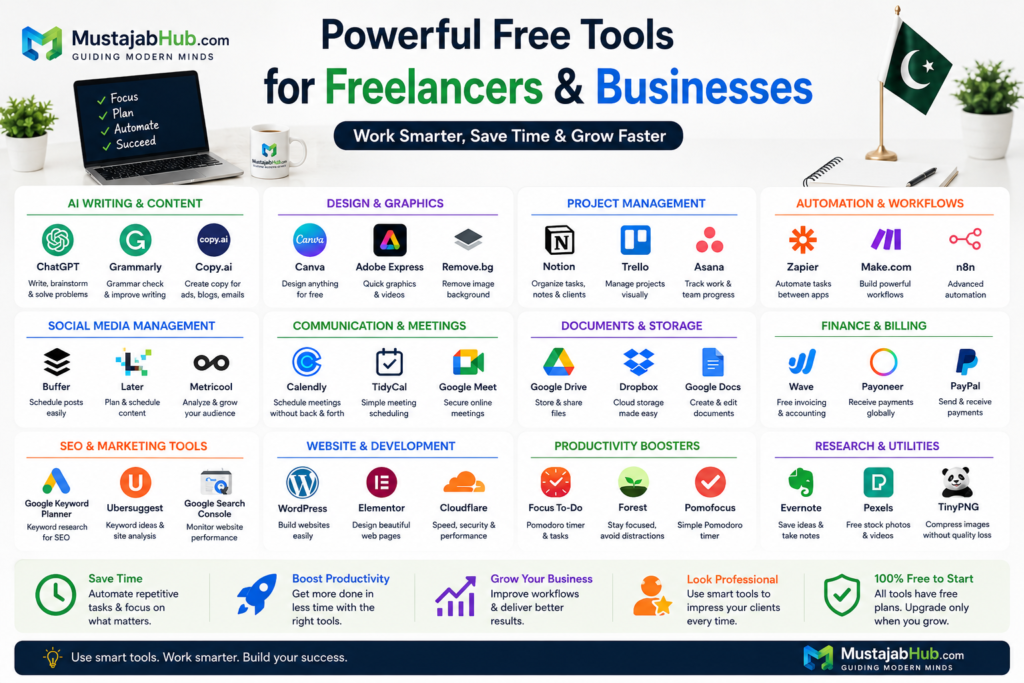  best free automation tools for freelancers Pakistan_ time-saving tools for freelancers Pakistan 2026, Zapier free plan Pakistan, automation tools small business Pakistan, how to automate freelance work, free workflow automation Pakistan, best productivity tools Pakistani freelancers, Make.com free Pakistan, free tools for Fiverr sellers Pakistan, Notion for freelancers Pakistan, Buffer free plan Pakistanbest-free-automation-tools-freelancers-pakistan-2026/