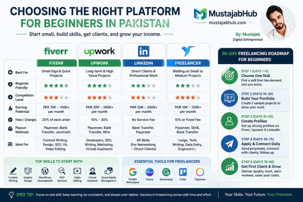 Platform Comparison Table for Pakistani Freelancers 2026, how to start freelancing in Pakistan with no experience, https://mustajabhub.com/best-freelance-skills-to-learn-2026/, Start freelancing in Pakistan with zero experience: pick a skill, build a portfolio, get clients on Fiverr/Upwork, receive USD, and handle PSEB tax (2026)., how-to-start-freelancing-in-pakistan-with-no-experience-2026, https://mustajabhub.com/how-to-start-freelancing-in-pakistan-with-no-experience/