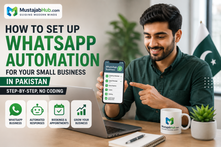 How to Set Up WhatsApp Automation for Your Small Business in Pakistan (Step-by-Step, No Coding required) WhatsApp Automation for Your Small Business in Pakistan (2026)- Discover how to set up WhatsApp automation for your small business in Pakistan without coding. Scale support on Fiverr, retail, or food delivery fast-Digital Tools & Automation- https://mustajabhub.com/digital-growth-guides/