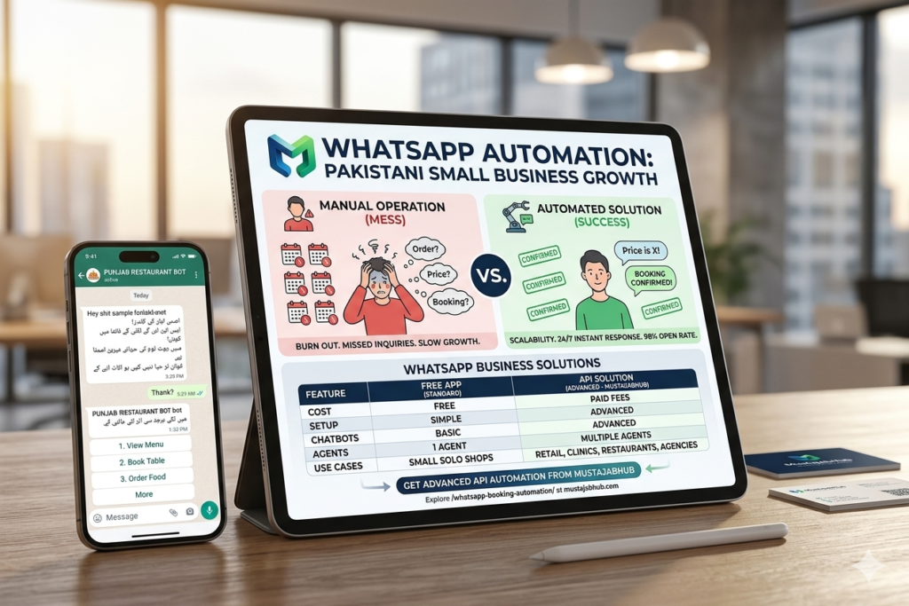 WhatsApp Automation for Your Small Business in Pakistan (2026)- Discover how to set up WhatsApp automation for your small business in Pakistan without coding. Scale support on Fiverr, retail, or food delivery fast-Digital Tools & Automation- https://mustajabhub.com/digital-growth-guides/