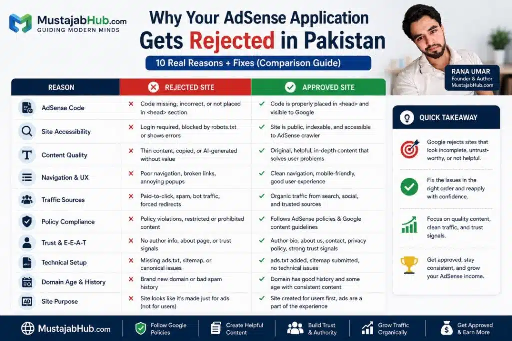https://mustajabhub.com/why-adsense-account-rejected-in-pakistan/
Why AdSense Account Rejected in Pakistan? 10 Real Reasons...
Why is your AdSense account rejected in Pakistan? Here are 10 real reasons with step-by-step fixes to get your account approved fast in 2026.