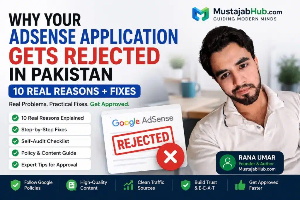 Why Your AdSense Application Gets Rejected in Pakistan – 10 Real Reasons + Fixes by rana Umar mustajabhub.com- Why is your AdSense account rejected in Pakistan? Here are 10 real reasons with step-by-step fixes to get your account approved fast in 2026