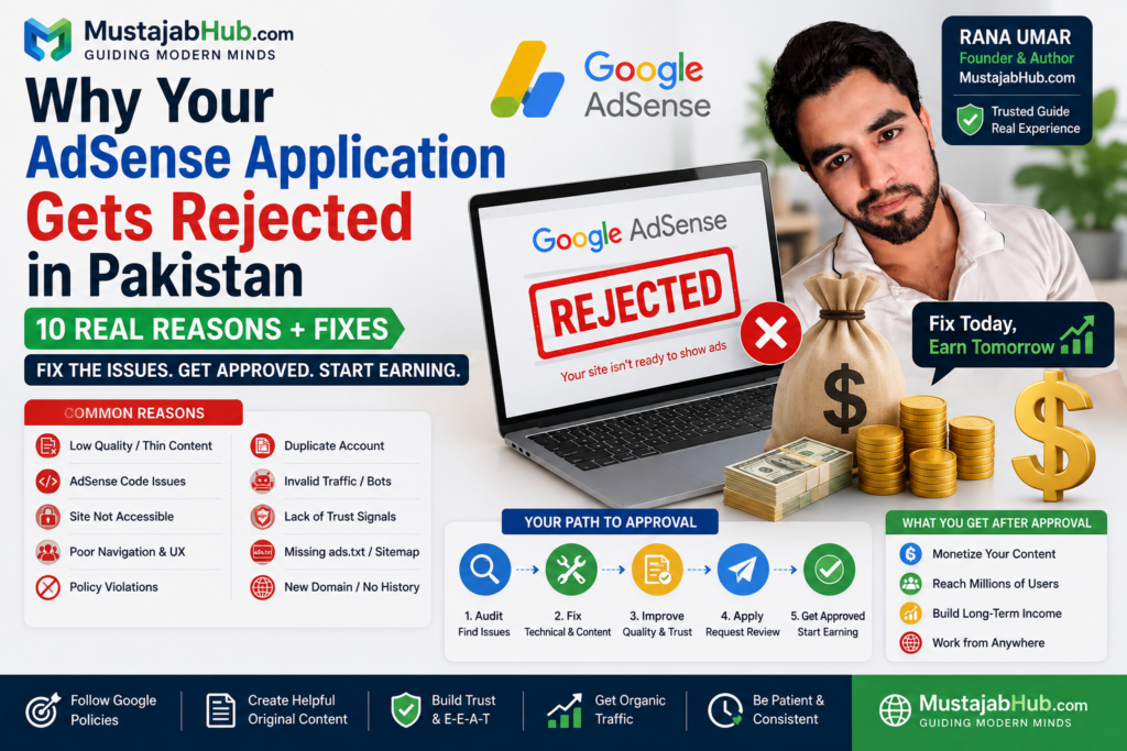 Why Your AdSense Application Gets Rejected in Pakistan – 10 Real Reasons + Fixes https://mustajabhub.com/why-adsense-account-rejected-in-pakistan/
Why AdSense Account Rejected in Pakistan? 10 Real Reasons...
Why is your AdSense account rejected in Pakistan? Here are 10 real reasons with step-by-step fixes to get your account approved fast in 2026.