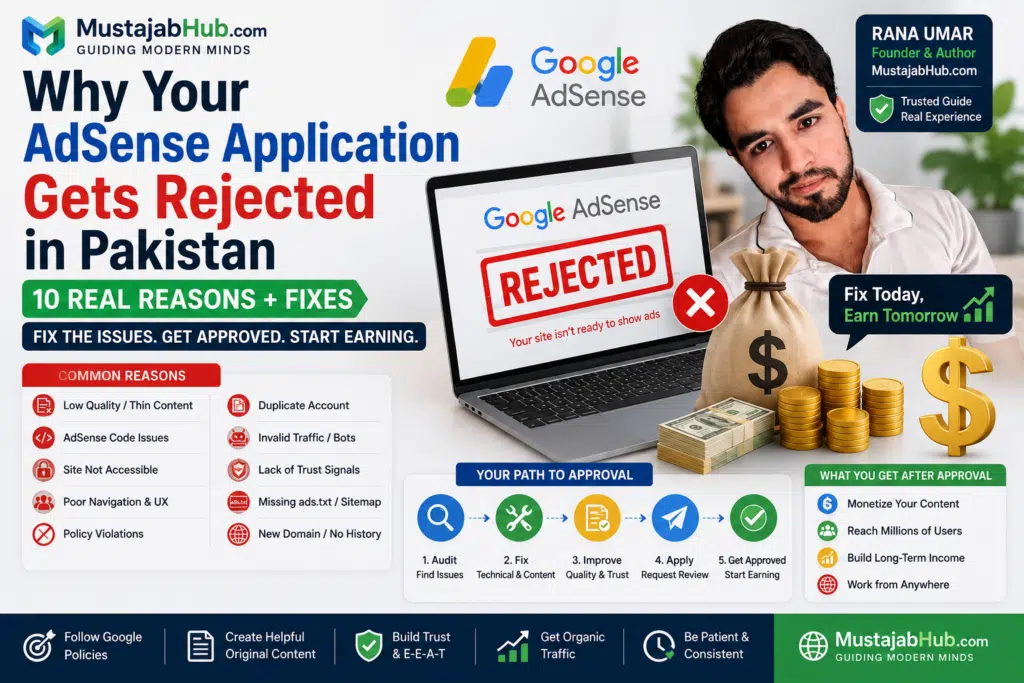 https://mustajabhub.com/why-adsense-account-rejected-in-pakistan/
Why AdSense Account Rejected in Pakistan? 10 Real Reasons...
Why is your AdSense account rejected in Pakistan? Here are 10 real reasons with step-by-step fixes to get your account approved fast in 2026.