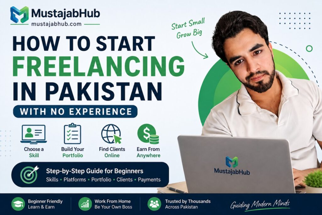 How to Start Freelancing in Pakistan With No Experience (2026 Complete Guide), Start freelancing in Pakistan with zero experience: pick a skill, build a portfolio, get clients on Fiverr/Upwork, receive USD, and handle PSEB tax (2026).,To start freelancing in Pakistan with no experience, choose one beginner-friendly skill, build 3 portfolio samples in 7–14 days, create a strong Fiverr/Upwork + LinkedIn profile, then apply daily until you land your first paid client.. Fiverr, Upwork, LinkedIn, Payoneer, DigiSkills (Ignite/VU), SBP, PSEB (Tech Destination), FBR, Section 154A, Bank Alfalah Freelancer Digital Account (ESFCA), https://mustajabhub.com/how-to-start-freelancing-in-pakistan-with-no-experience/