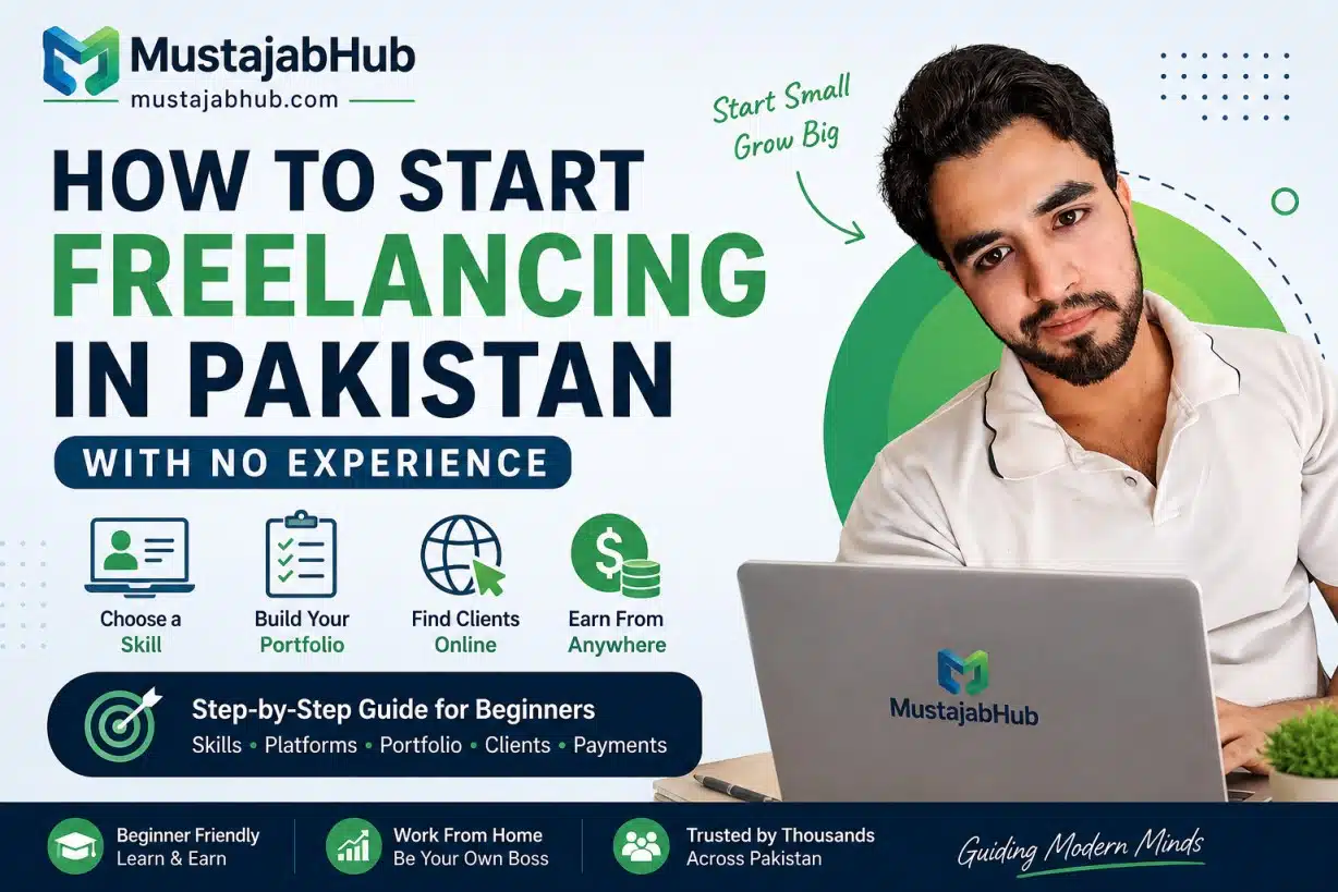 How to Start Freelancing in Pakistan With No Experience (2026 Complete Guide), Start freelancing in Pakistan with zero experience: pick a skill, build a portfolio, get clients on Fiverr/Upwork, receive USD, and handle PSEB tax (2026).,To start freelancing in Pakistan with no experience, choose one beginner-friendly skill, build 3 portfolio samples in 7–14 days, create a strong Fiverr/Upwork + LinkedIn profile, then apply daily until you land your first paid client.. Fiverr, Upwork, LinkedIn, Payoneer, DigiSkills (Ignite/VU), SBP, PSEB (Tech Destination), FBR, Section 154A, Bank Alfalah Freelancer Digital Account (ESFCA), https://mustajabhub.com/how-to-start-freelancing-in-pakistan-with-no-experience/