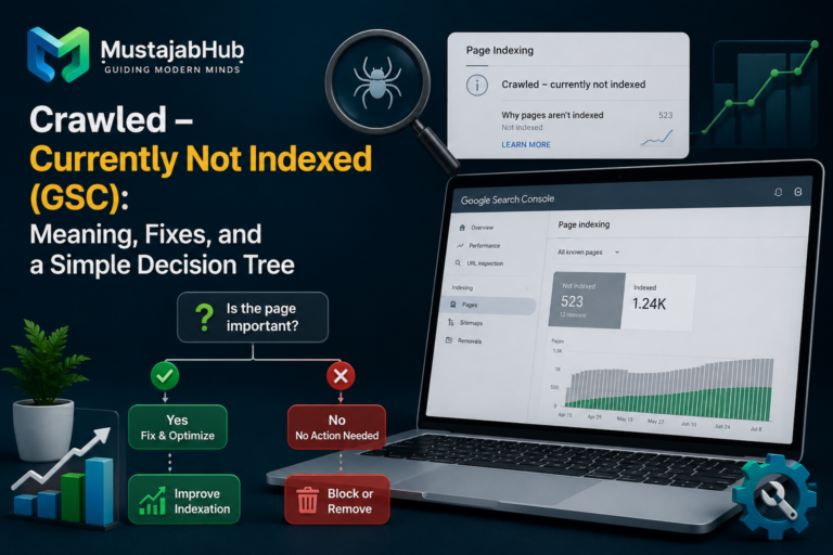 Crawled – Currently Not Indexed (GSC) Meaning, Fixes by mustajabhub.com- https://mustajabhub.com/crawled-currently-not-indexed-fix/ Crawled – Currently Not Indexed: Fix It (GSC) +... Learn what Crawled – currently not indexed means in GSC, how it differs from Discovered, and the exact steps to get important pages indexed again. Get Ranking !
