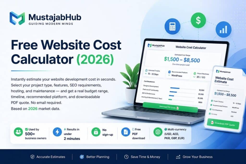 https://mustajabhub.com/website-cost-calculator/ Website Cost Calculator (2026) – Free Instant Estimate ·... Use our free Website Cost Calculator to instantly estimate your website development cost, timeline, SEO, hosting & maintenance _based on real 2026 pricing data. Website Cost Calculator
