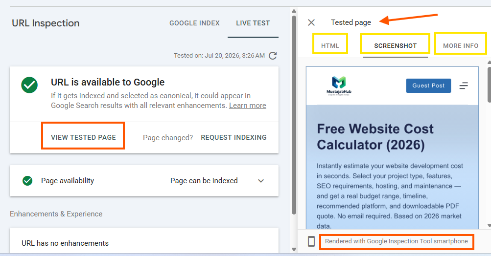 GSC URL Inspection (What Googlebot Actually Sees- https://mustajabhub.com/javascript-seo-view-source-vs-rendered-html/
JavaScript SEO: View Source vs Rendered HTML — Debug...
Learn how Googlebot really processes JavaScript. Compare View Source vs Rendered HTML, fix rendering issues step by step, and make sure AI crawlers can see...