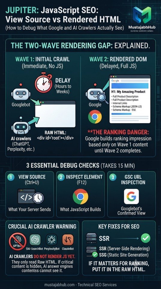JavaScript SEO View Source vs Rendered HTML (How to Debug What Google and AI Crawlers Actually See- Learn JavaScript SEO the easy way. Compare View Source vs Rendered HTML, test Googlebot rendering in Search Console, and fix missing content fast.https://mustajabhub.com/javascript-seo-view-source-vs-rendered-html/