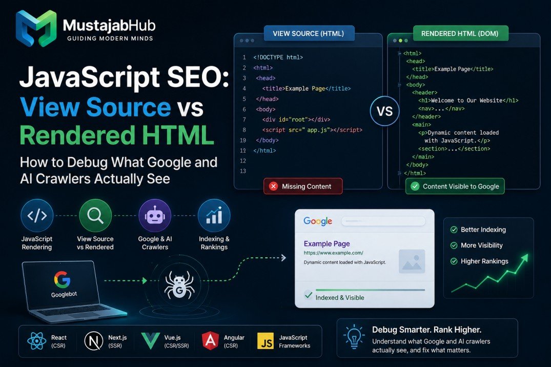 Learn JavaScript SEO the easy way. Compare View Source vs Rendered HTML, test Googlebot rendering in Search Console, and fix missing content fast.