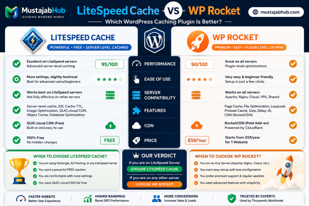 LiteSpeed Cache vs WP Rocket: Which One Is Actually Better for WordPress? (2026 Tested) LiteSpeed Cache vs WP Rocket Which Is Better for...
LiteSpeed Cache vs WP Rocket — which plugin is better for WordPress in 2026? Compare speed, features, pricing, Hostinger support, QUIC.cloud, and easy setup... https://mustajabhub.com/litespeed-cache-vs-wp-rocket/