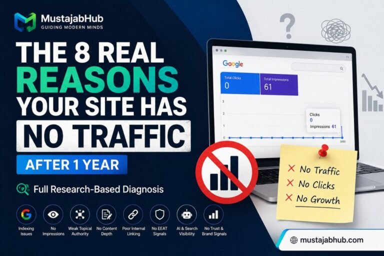 THE 8 REAL REASONS YOUR SITE HAS NO TRAFFIC AFTER 1 YEAR by mustajabhub.com. Can a one-year-old website still be in Google's Sandbox? -Does publishing more articles automatically increase traffic?- What is topical authority and why does Google care about it?- Why does Google rank my competitors even though my article is longer?- Should I focus on one niche before expanding my website?- Can AI-generated content rank in Google?- Why do I have impressions but no clicks?- How long does it realistically take to build topical authority?- Can internal linking really improve rankings?- Why do AI search engines cite some websites but ignore others?- What is the biggest mistake new websites make when trying to grow organic traffic?- website not appearing on Google- why is my website not getting visitors- website has no traffic- why my website has no traffic- website not getting traffic- why is my website not getting visitors- website has zero clicks- website getting no impressions- Google Search Console impressions- Google Search Console clicks- organic traffic dropped- website not indexing- Google Helpful Content- topical authority- topical relevance- information gain- Google ranking factors- content authority- AI Overviews- GEO- AEO, Semantic SEO, Google Helpful Content System- Google Search Central- E-E-A-T- Supporting Content- Index Coverage- Structured Data- Topic Clusters- https://mustajabhub.com/8-real-reasons-your-site-has-no-traffic/ Why Your Website Has No Traffic After 1 Year (8 Real... My website had almost no organic traffic after one year. Here's the research-based diagnosis, real Google Search Console case study, & the 8 mistakes...