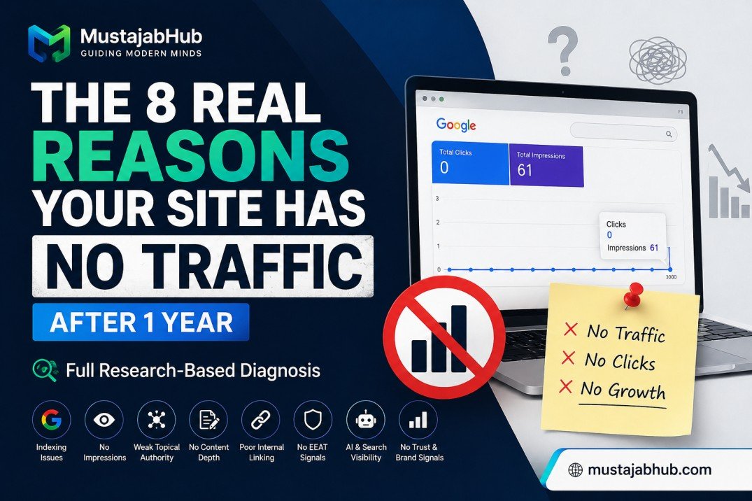 THE 8 REAL REASONS YOUR SITE HAS NO TRAFFIC AFTER 1 YEAR by mustajabhub.com. Can a one-year-old website still be in Google's Sandbox? -Does publishing more articles automatically increase traffic?- What is topical authority and why does Google care about it?- Why does Google rank my competitors even though my article is longer?- Should I focus on one niche before expanding my website?- Can AI-generated content rank in Google?- Why do I have impressions but no clicks?- How long does it realistically take to build topical authority?- Can internal linking really improve rankings?- Why do AI search engines cite some websites but ignore others?- What is the biggest mistake new websites make when trying to grow organic traffic?- website not appearing on Google- why is my website not getting visitors- website has no traffic- why my website has no traffic- website not getting traffic- why is my website not getting visitors- website has zero clicks- website getting no impressions- Google Search Console impressions- Google Search Console clicks- organic traffic dropped- website not indexing- Google Helpful Content- topical authority- topical relevance- information gain- Google ranking factors- content authority- AI Overviews- GEO- AEO, Semantic SEO, Google Helpful Content System- Google Search Central- E-E-A-T- Supporting Content- Index Coverage- Structured Data- Topic Clusters- https://mustajabhub.com/8-real-reasons-your-site-has-no-traffic/ Why Your Website Has No Traffic After 1 Year (8 Real... My website had almost no organic traffic after one year. Here's the research-based diagnosis, real Google Search Console case study, & the 8 mistakes...
