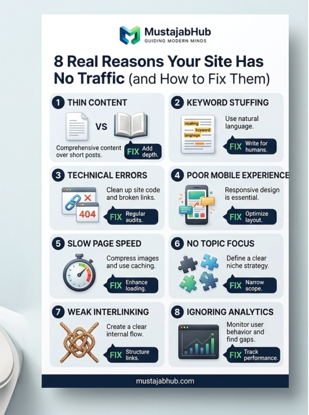 THE 8 REAL REASONS YOUR SITE HAS NO TRAFFIC AFTER 1 YEAR (Full Research-Based Diagnosis) THE 8 REAL REASONS YOUR SITE HAS NO TRAFFIC AFTER 1 YEAR by mustajabhub.com. Can a one-year-old website still be in Google's Sandbox? -Does publishing more articles automatically increase traffic?- What is topical authority and why does Google care about it?- Why does Google rank my competitors even though my article is longer?- Should I focus on one niche before expanding my website?- Can AI-generated content rank in Google?- Why do I have impressions but no clicks?- How long does it realistically take to build topical authority?- Can internal linking really improve rankings?- Why do AI search engines cite some websites but ignore others?- What is the biggest mistake new websites make when trying to grow organic traffic?- website not appearing on Google- why is my website not getting visitors- website has no traffic- why my website has no traffic- website not getting traffic- why is my website not getting visitors- website has zero clicks- website getting no impressions- Google Search Console impressions- Google Search Console clicks- organic traffic dropped- website not indexing- Google Helpful Content- topical authority- topical relevance- information gain- Google ranking factors- content authority- AI Overviews- GEO- AEO, Semantic SEO, Google Helpful Content System- Google Search Central- E-E-A-T- Supporting Content- Index Coverage- Structured Data- Topic Clusters- https://mustajabhub.com/8-real-reasons-your-site-has-no-traffic/
Why Your Website Has No Traffic After 1 Year (8 Real...
My website had almost no organic traffic after one year. Here's the research-based diagnosis, real Google Search Console case study, & the 8 mistakes...