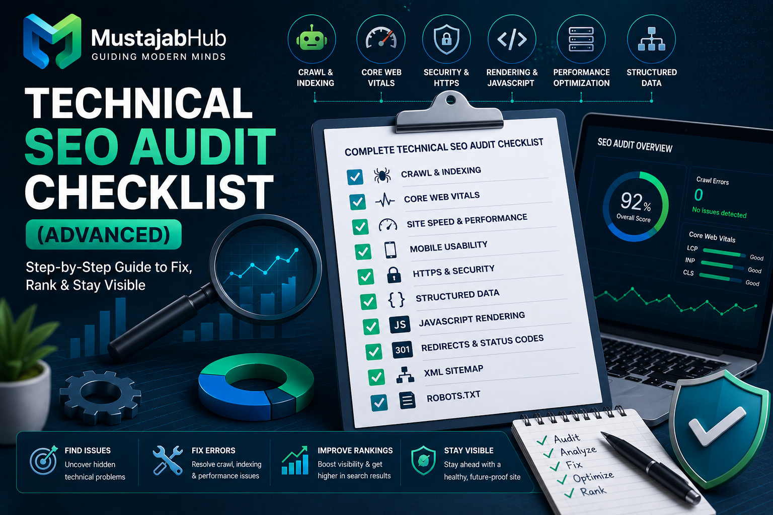 https://mustajabhub.com/technical-seo-audit-checklist/ Technical SEO Audit Checklist (Advanced): Step-by-Step...Technical SEO audit checklist guide by mustajabhub.com Run a complete technical SEO audit with this advanced checklist. Fix crawl errors, indexing issues, Core Web Vitals, JavaScript rendering, & AI crawler...