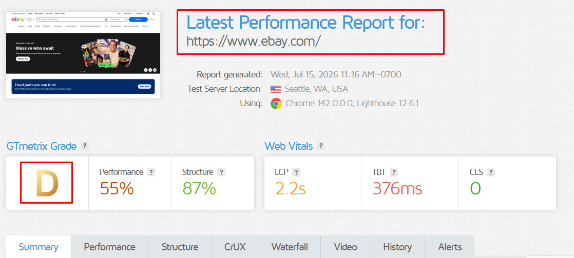 GTmetrix desktop speed audit results for eBay.com showing performance grade and load time