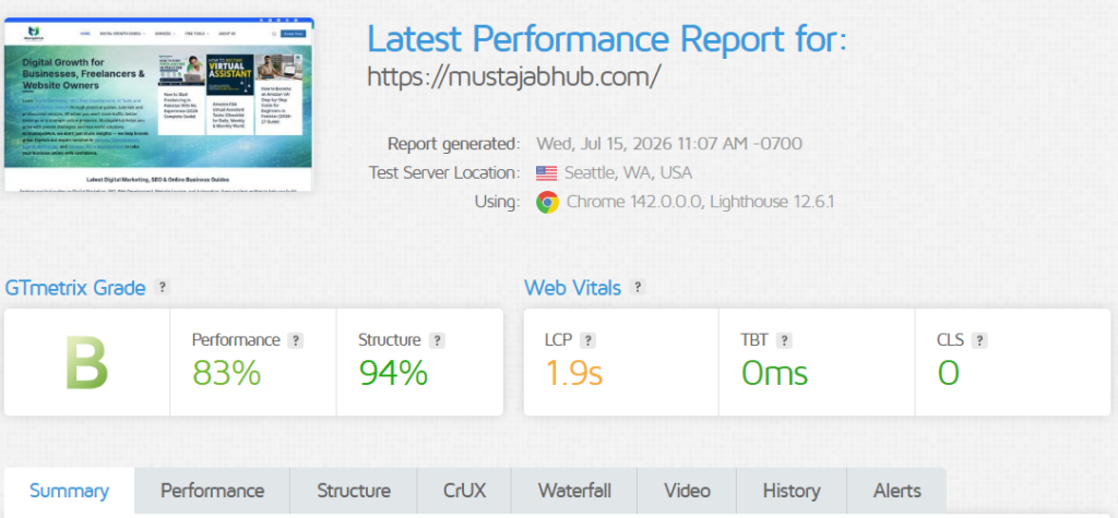 WordPress Speed Optimization Service Page Gtmetrix Results Desktop Screenshot mustajabhub.com