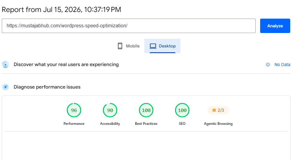 PageSpeed Insights desktop results for MustajabHub.com after WordPress speed optimization