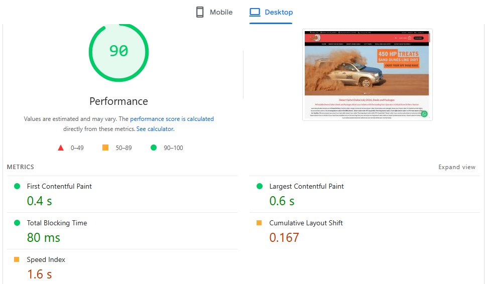 Core Web Vitals results for DesertSafarisDubai.com showing LCP, INP and CLS scores