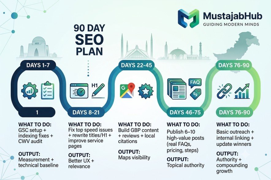 How to Rank Your Business on Google in Pakistan (2026 Complete Guide) 90 day SEO plan to rank on Google in Pakistan - how to rank on Google in Pakistan - https://mustajabhub.com/how-to-rank-on-google-in-pakistan/
How to Rank Your Business on Google in Pakistan (2026 Guide)
Want to rank on Google in Pakistan? This complete 2026 guide covers keyword research, technical SEO, local SEO, and AI search — with real data and steps.