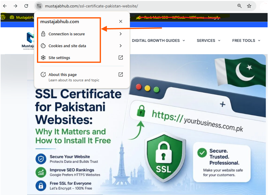 SSL Certificate for Pakistani Websites: Why It Matters and How to Install It Free Chrome padlock icon beside your own domain by mustajabhub.com - SSL Certificate Pakistani Websites: Why It Matters and How to Install It Free