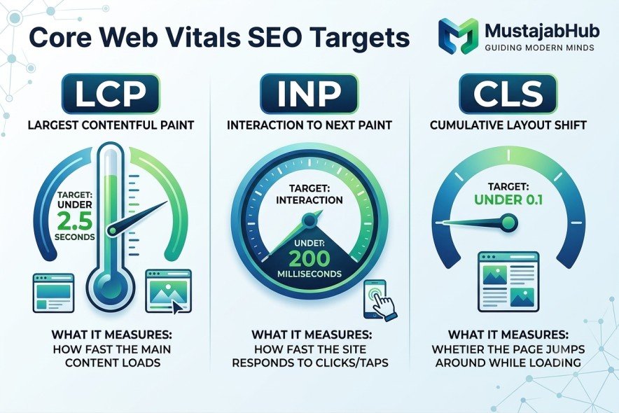 How to Rank Your Business on Google in Pakistan (2026 Complete Guide) Core Web Vitals targets LCP INP CLS for SEO - how to rank on Google in Pakistan - https://mustajabhub.com/how-to-rank-on-google-in-pakistan/
How to Rank Your Business on Google in Pakistan (2026 Guide)
Want to rank on Google in Pakistan? This complete 2026 guide covers keyword research, technical SEO, local SEO, and AI search — with real data and steps.