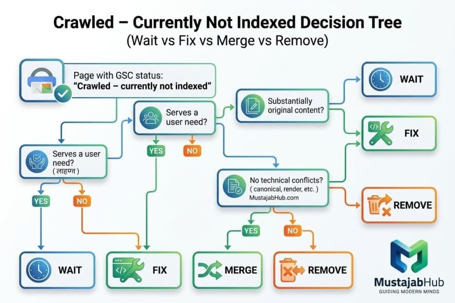 Decision tree for crawled currently not indexed guide and wriiten by mustajabhub.com . Crawled – Currently Not Indexed Decision Tree