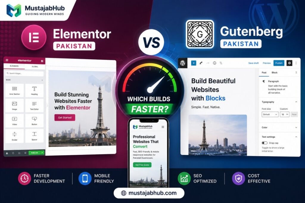 Elementor vs Gutenberg for Pakistani Business Websites — Which Builds Faster? Elementor vs Gutenberg for Pakistani Business Websites — Which Builds Faster - https://mustajabhub.com/elementor-vs-gutenberg-pakistan/ Elementor vs Gutenberg Pakistan:Which Builds Faster in 2026? Elementor vs Gutenberg for Pakistani business websites — see real speed data, Core Web Vitals results, and which builder actually helps you rank faster.