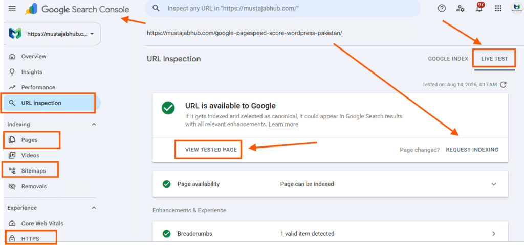 Google Search Console index successfull indexed and live test checked by mustajabhub.com.  The Difference Between a Good Fix and a Fake Fix -  Crawled – Currently Not Indexed Decision Tree - How to Fix "Crawled – Currently Not Indexed" in Google Search Console (Pakistan Guide)