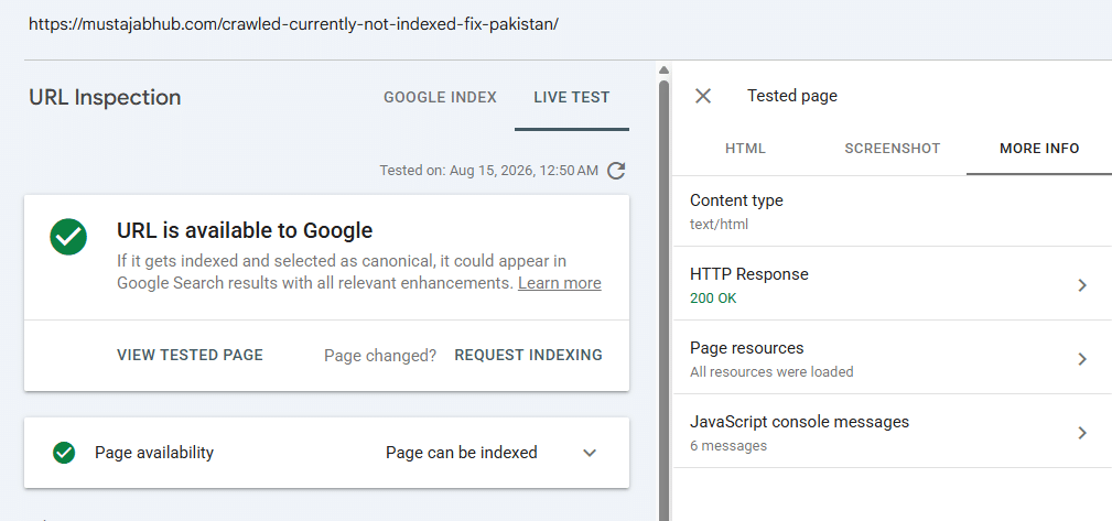 How to Fix “Crawled – Currently Not Indexed” in Google Search Console (Pakistan Guide google test fix screenshots) by mustajabhub.com. Does AI-Generated Content Cause Indexing Problems - Google discover the page - Can “Crawled – Currently Not Indexed” Hurt AdSense.