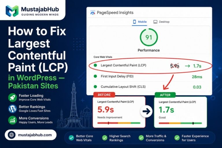 How to Fix Largest Contentful Paint (LCP) in WordPress — Pakistan Sites by mustajabhub.com. Build Faster Websites. Fix technical SEO. Automate Your Lead Pipeline. Web Development & SEO Services in Pakistan MustajabHub provides professional web development & SEO services for businesses in Pakistan and globally. We engineer custom WordPress websites, resolve Google Search Console technical errors, fix Core Web Vitals (LCP, INP, CLS), implement JSON-LD structured data, automate WhatsApp lead workflows, and write semantic SEO content—all under one technical roof. Whether you are a business in Gujranwala or a client in the UK, every service is built to generate measurable organic growth.