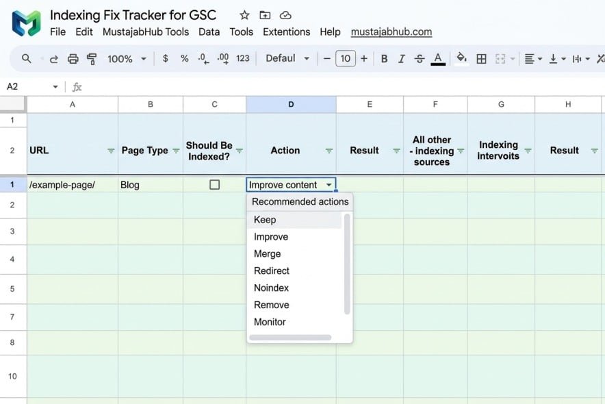 Indexing fix tracker template for GSC Guide and services by mustajabhub.com. A MustajabHub Field Note