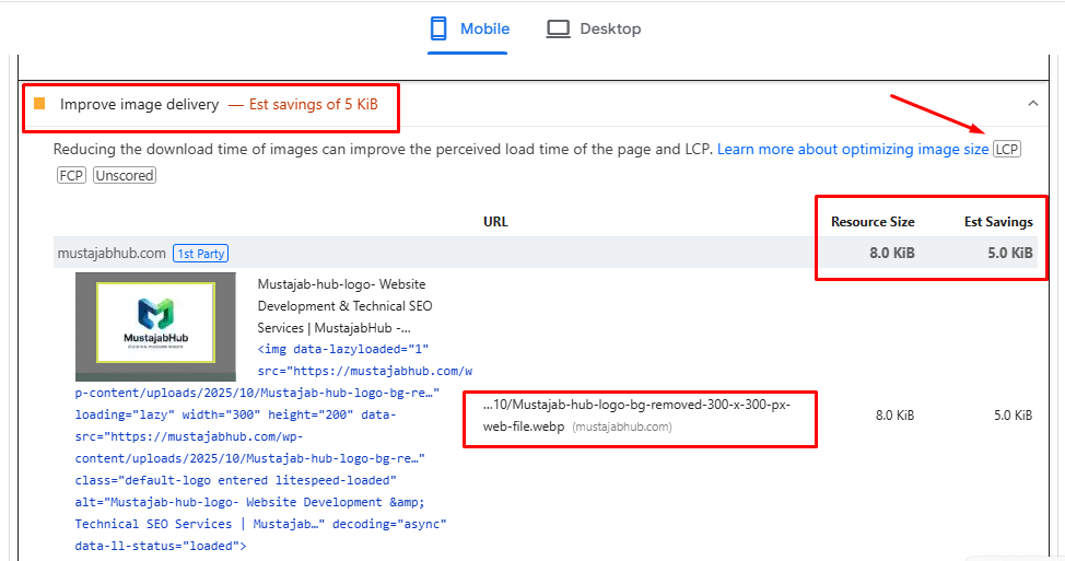 How to Fix Largest Contentful Paint (LCP) in WordPress — Pakistan Sites LCP image delivery improvement results by mustajabhub.com. Reduce LCP Resource Load Delay
