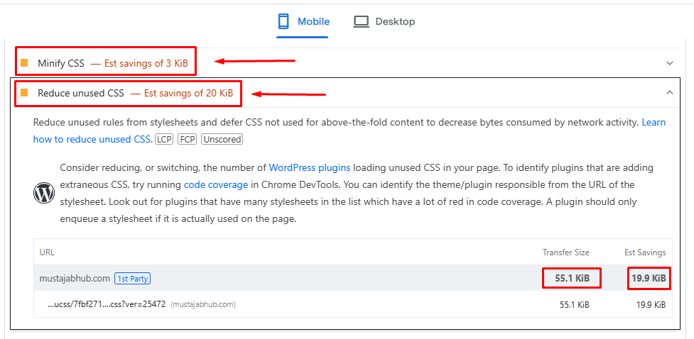 How to Fix Largest Contentful Paint (LCP) in WordPress — Pakistan Sites LPC Dignostics and minify css test results by mustajabhub.com. - Fix Render-Blocking CSS