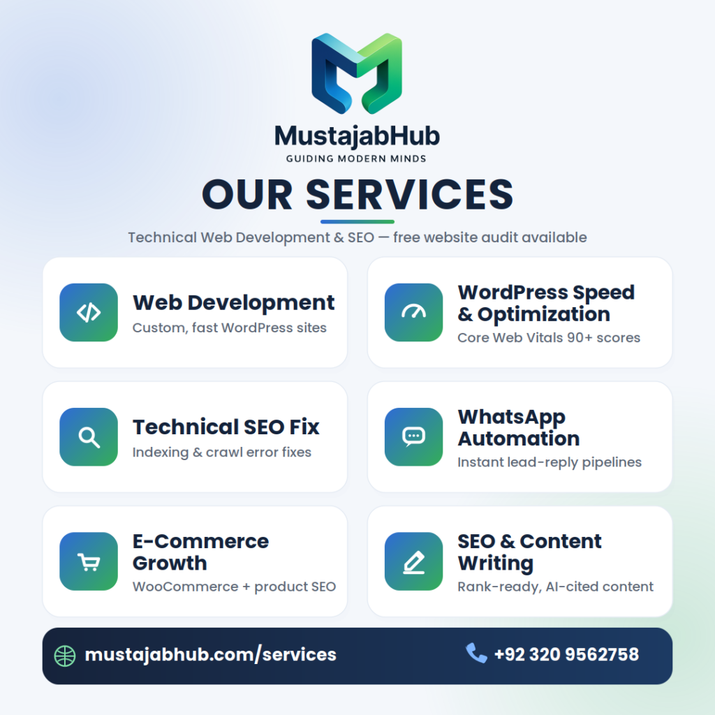 Home MustajabHub-Our-Services - Website Development & Technical SEO Services - https://mustajabhub.com/
Website Development & Technical SEO Services | MustajabHub
MustajabHub provides custom website development, technical SEO audits, WordPress speed optimization, & digital automation for businesses in Pakistan & globally.