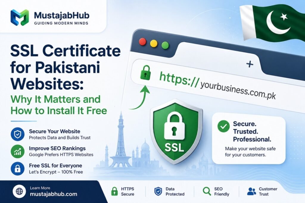 SSL Certificate for Pakistani Websites: Why It Matters and How to Install It Free SSL Certificate for Pakistani Websites Why It Matters and How to Install It Free. https://mustajabhub.com/ssl-certificate-pakistan-website/ SSL Certificate for Pakistani Websites: Install It Free... Get an SSL certificate for your Pakistani website free with Let's Encrypt. See why it matters for Google rankings, and follow these simple install steps.