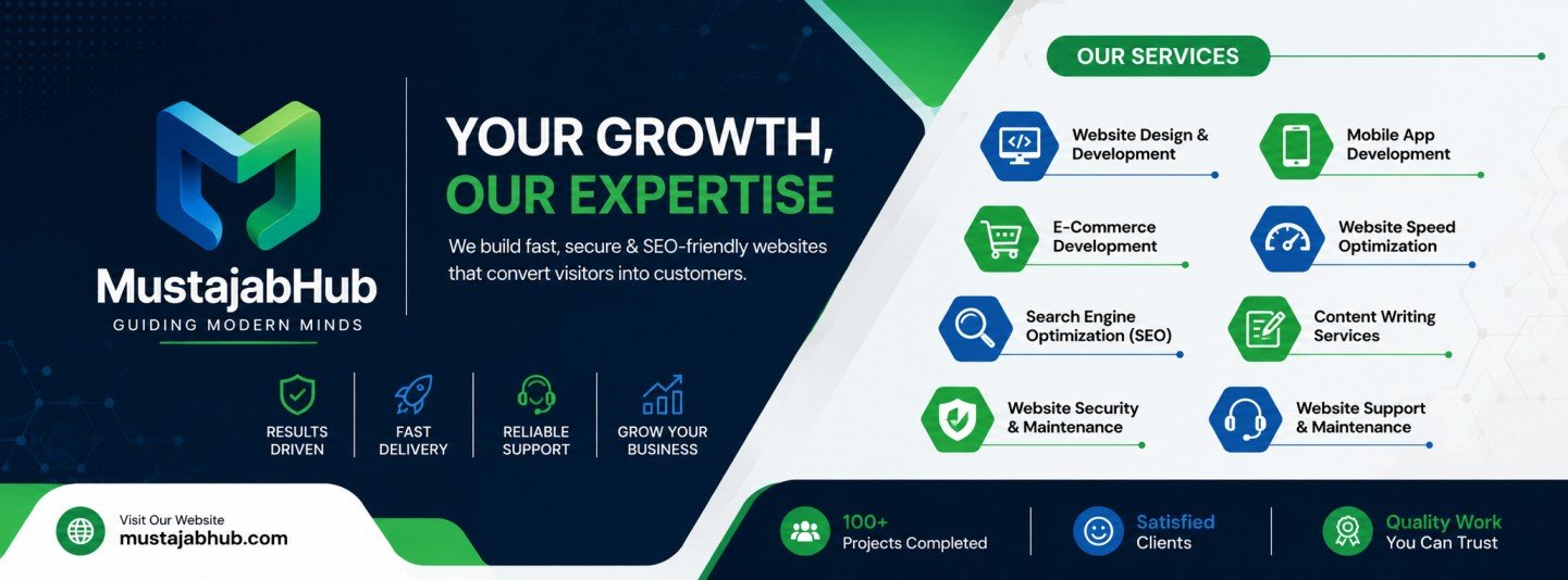 Web Development & SEO Services in Pakistan By Mustajabhub.com agency. https://mustajabhub.com/services/
Web Development & SEO Services in Pakistan | MustajabHub
MustajabHub offers web development & SEO services in Pakistan—technical SEO fixes,WordPress speed optimization,e-com growth,& automation for businesses globally