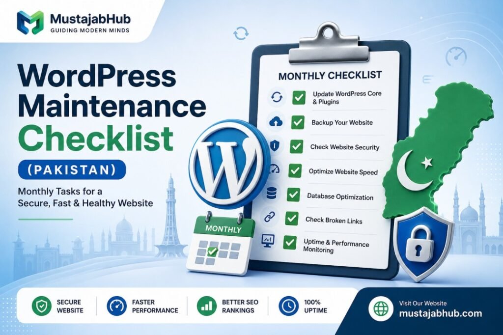 WordPress Maintenance Checklist for Pakistan - https://mustajabhub.com/wordpress-website-maintenance-pakistan/ WordPress Website Maintenance Pakistan: Monthly Checklist... Use this WordPress website maintenance Pakistan checklist to keep your site fast, secure, & ranking. Includes monthly tasks, time estimates, mistake fixes.