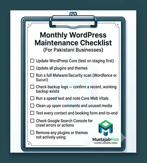 WordPress Website Maintenance Checklist for Pakistani Businesses (Monthly Tasks) WordPress Maintenance Checklist for Pakistan Comparison Pic 2- https://mustajabhub.com/wordpress-website-maintenance-pakistan/
WordPress Website Maintenance Pakistan: Monthly Checklist...
Use this WordPress website maintenance Pakistan checklist to keep your site fast, secure, & ranking. Includes monthly tasks, time estimates, mistake fixes. WordPress Website maintaince Pakistan.