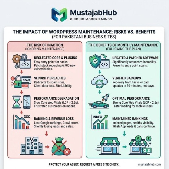 WordPress Website Maintenance Checklist for Pakistani Businesses (Monthly Tasks) WordPress Maintenance Risk and Benefits Comparison by mustajabhub.com - https://mustajabhub.com/wordpress-website-maintenance-pakistan/
WordPress Website Maintenance Pakistan: Monthly Checklist...
Use this WordPress website maintenance Pakistan checklist to keep your site fast, secure, & ranking. Includes monthly tasks, time estimates, mistake fixes - WordPress Website Maintenance Checklist for Pakistani Businesses (Monthly Tasks)