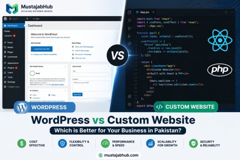 WordPress vs Custom Website in Pakistan - https://mustajabhub.com/wordpress-vs-custom-website-pakistan/ WordPress vs Custom Website in Pakistan: Which Wins in 2026? WordPress vs custom website in Pakistan — compare cost, speed, & control with real data so pick the right platform for your business, not just the cheapest one.