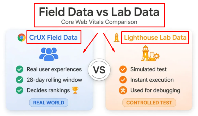 How to Fix Largest Contentful Paint (LCP) in WordPress — Pakistan Sites lab test vs field data by mustajabhub.com. Lab Data vs Field Data: Which LCP Should You Trust?
